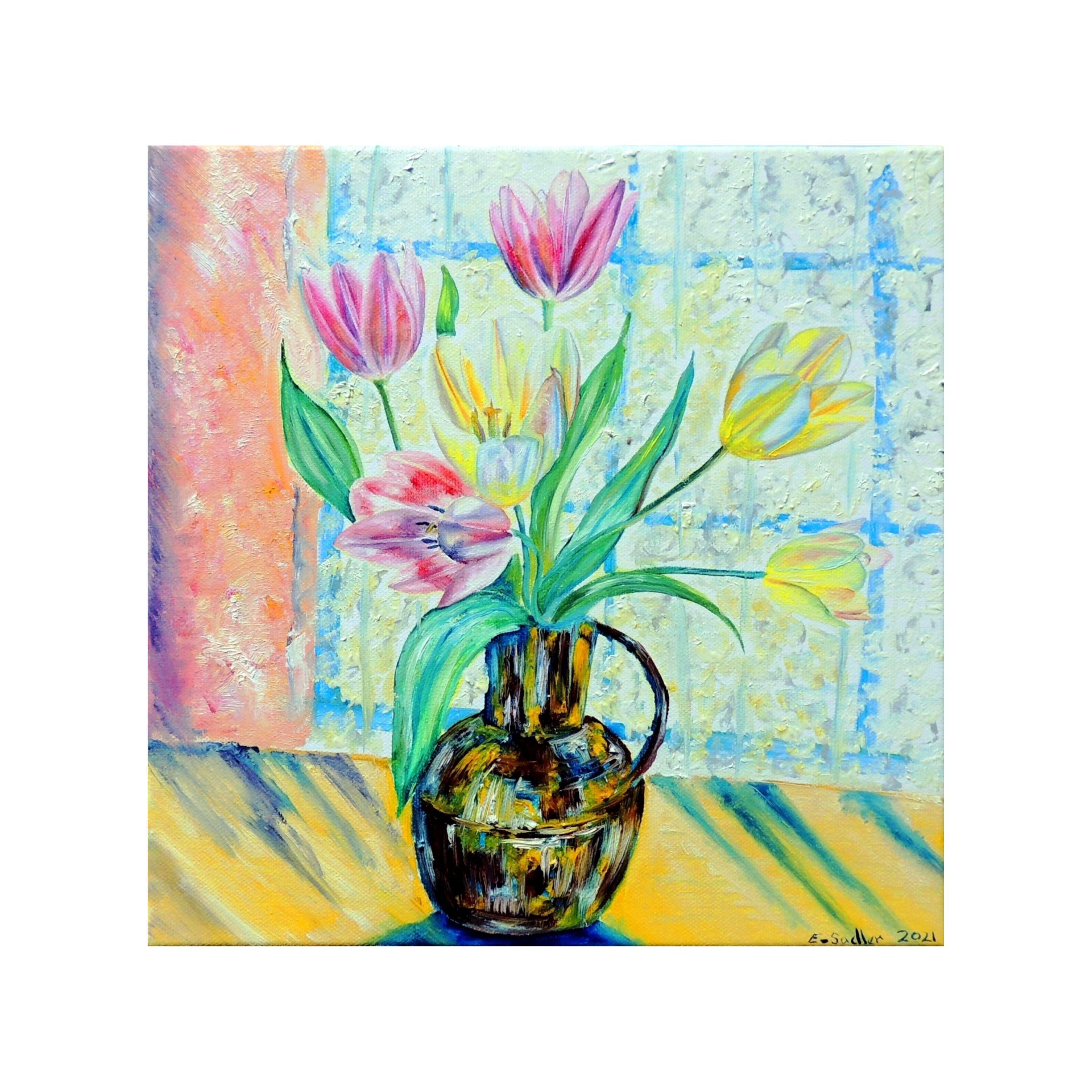Yellow & Pink Tulips in Brass Jug