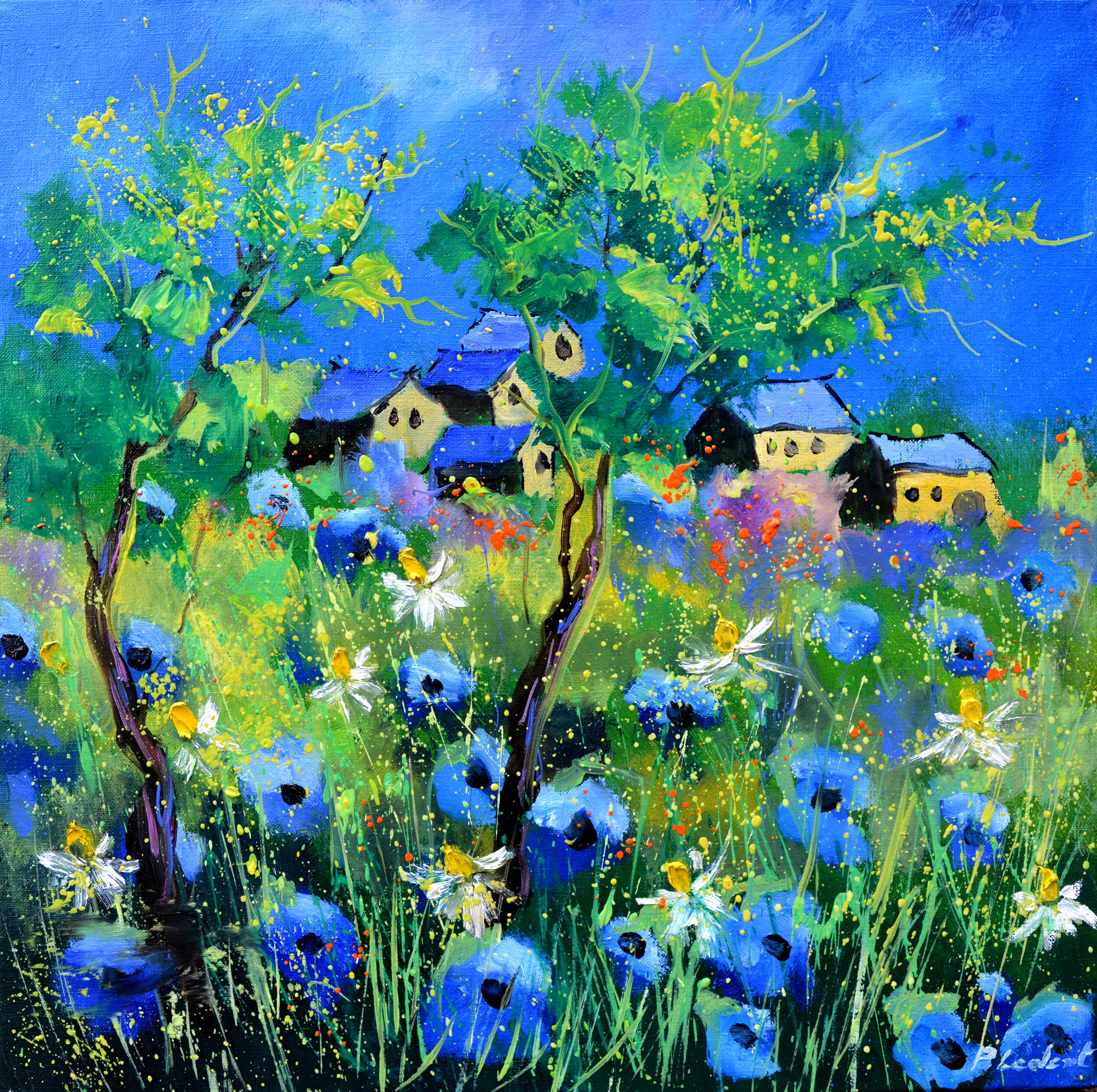 A few cottages in a colourful meadow