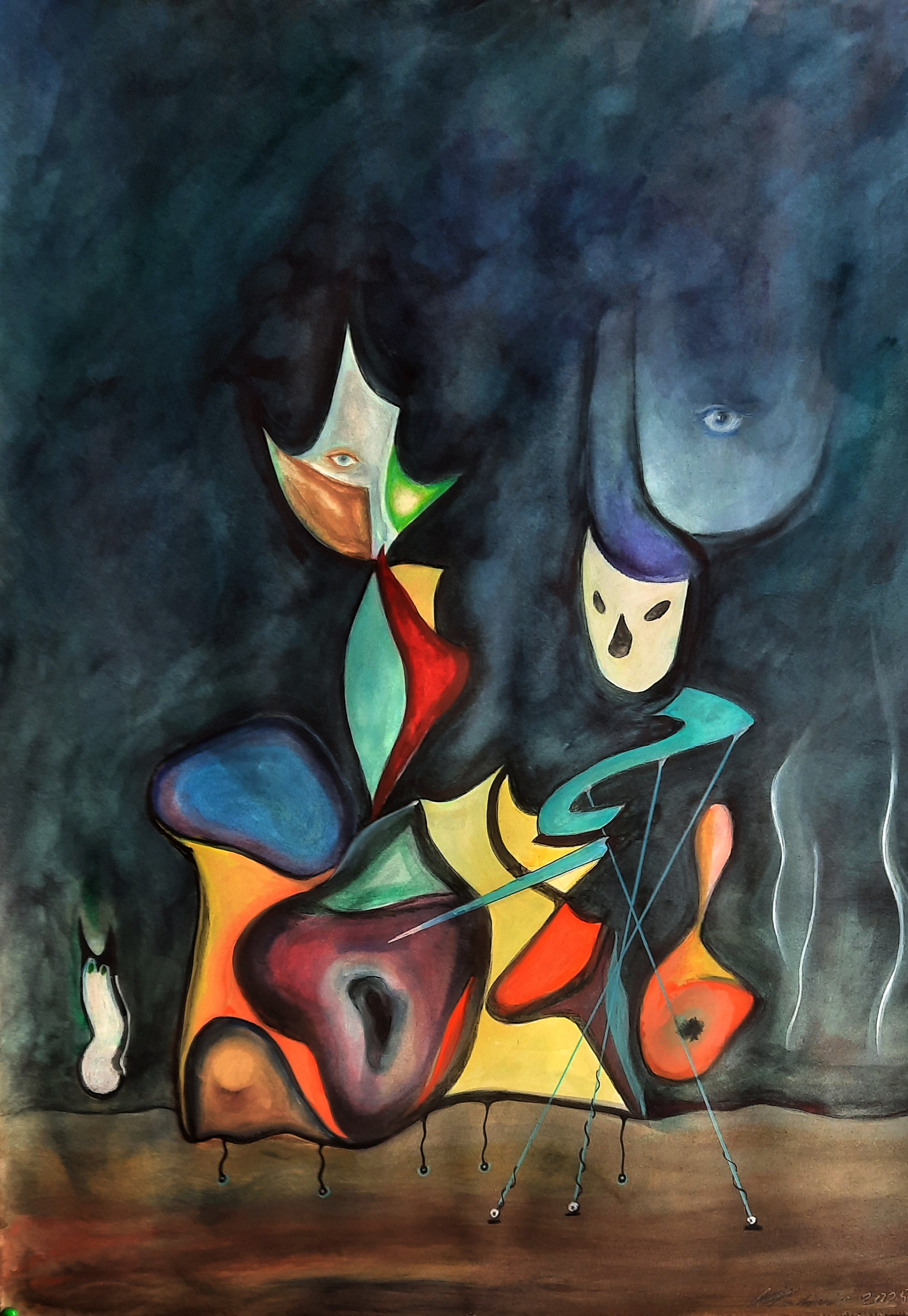 Landscape with levitating metaphysical still life and its shadows
