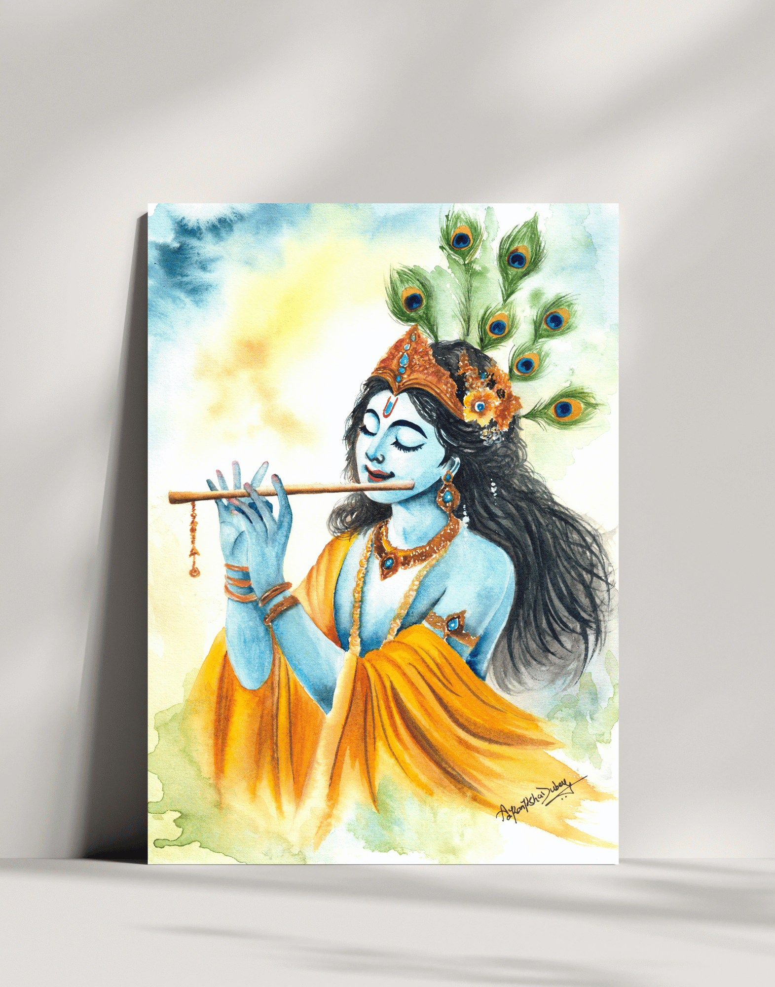 "Divine Melody – A Watercolour Painting of Lord Krishna"