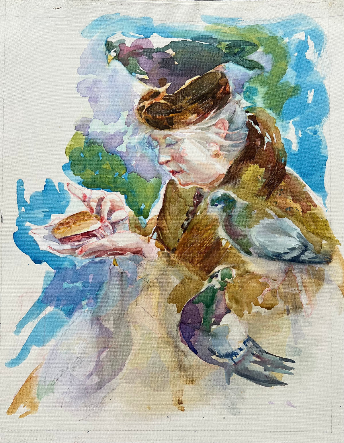 Lady Sharing Lunch With Pigeons