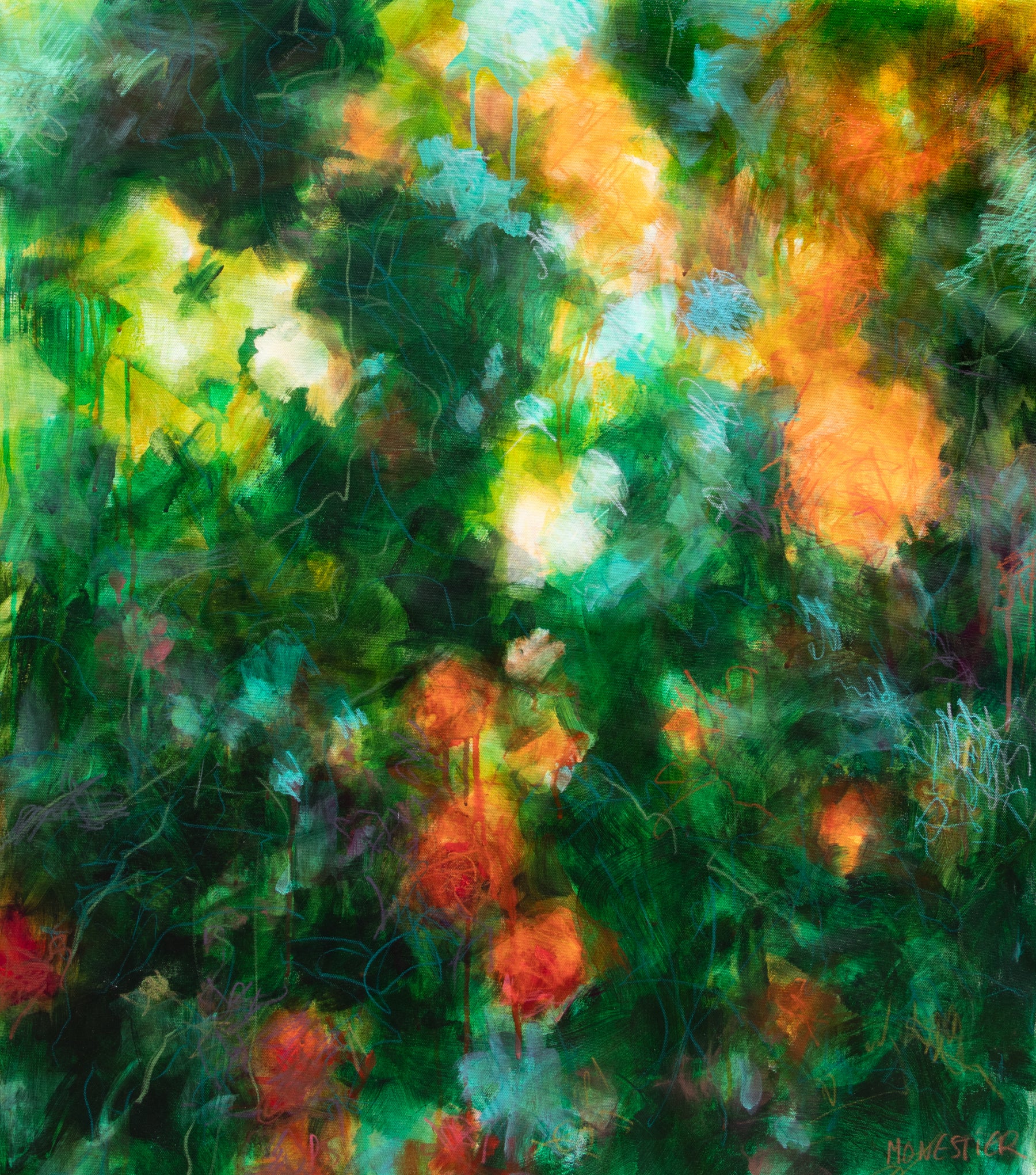 Orange and green rosebush