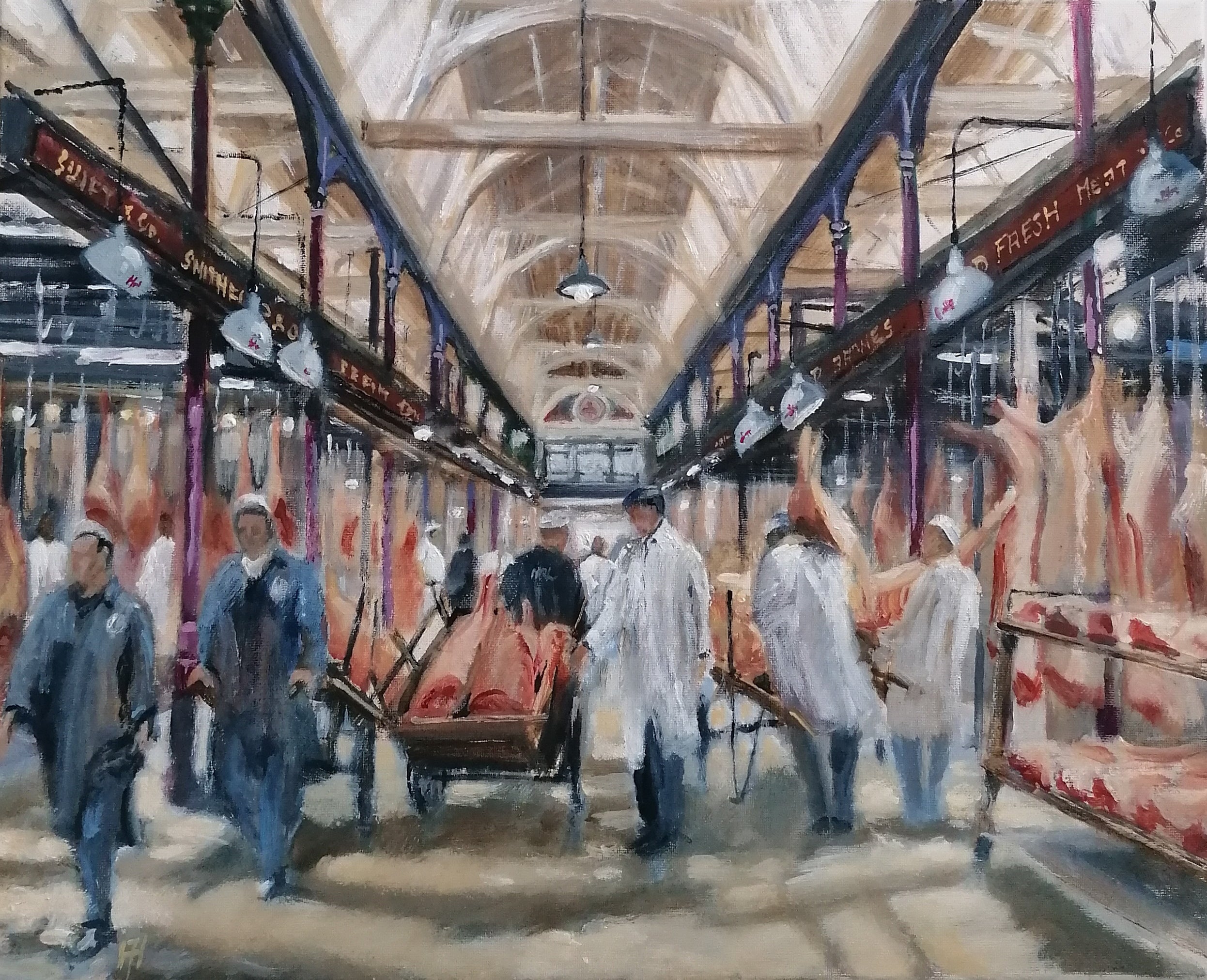 Working the floor, Smithfield meat market. London