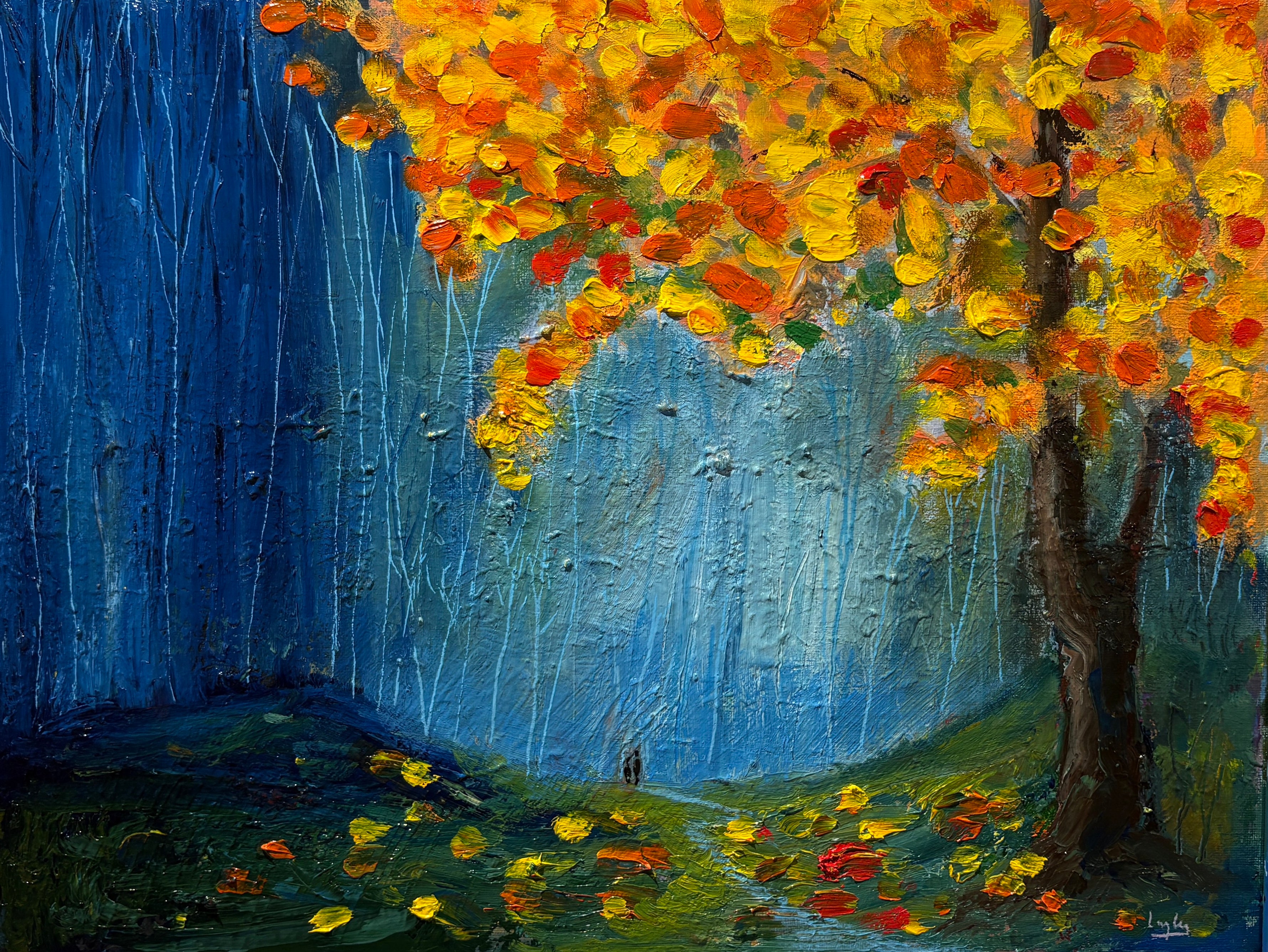 Blue forest, Atmospheric Woodland semi abstract Original oil Painting