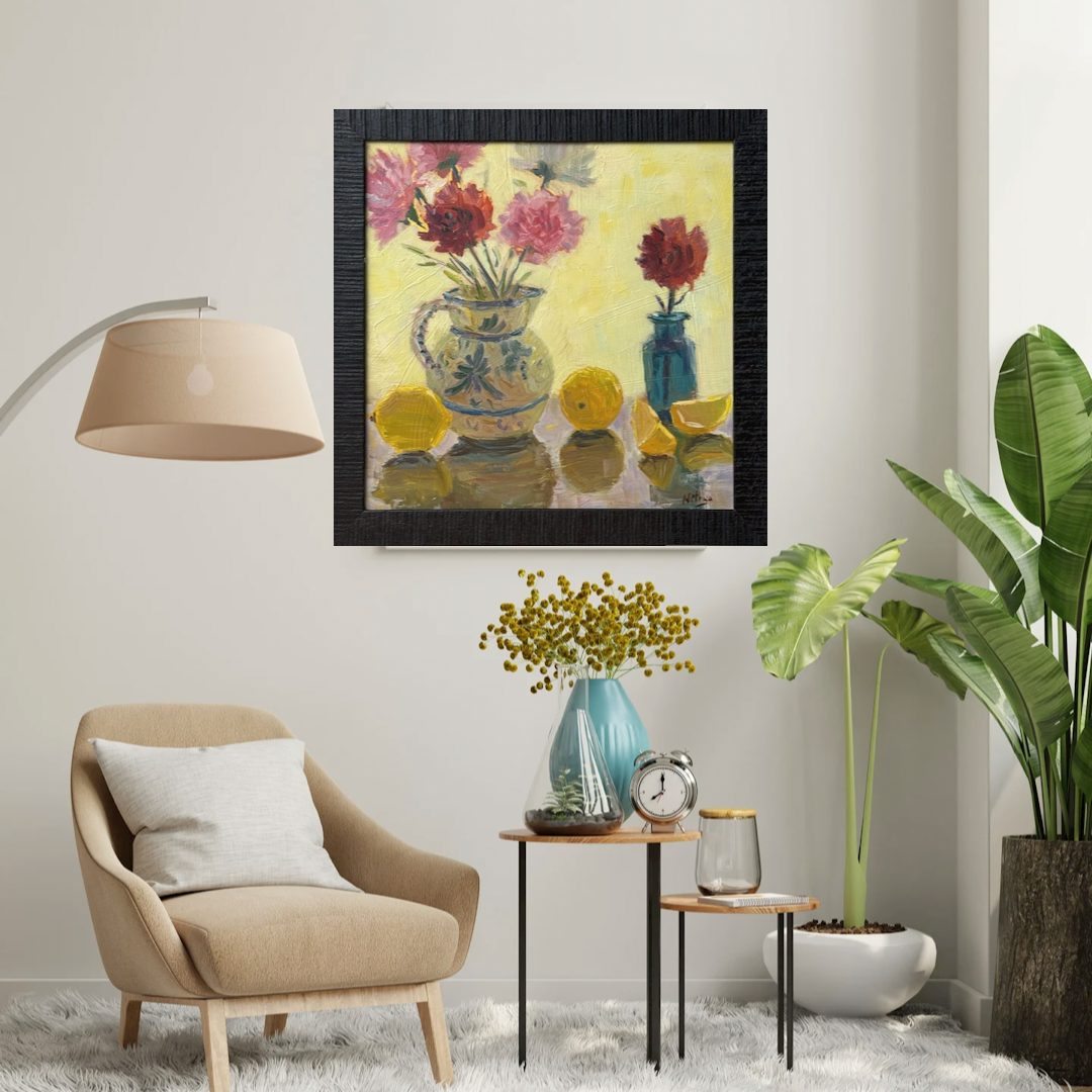 Backlit lemons and flowers