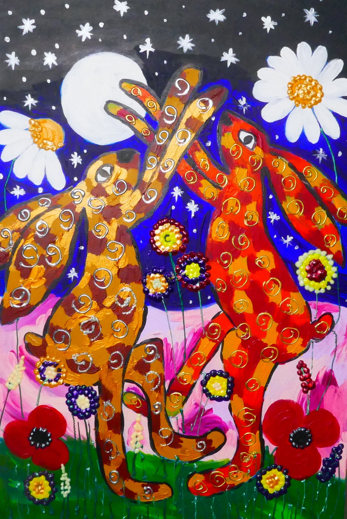 Quirky Hares dancing among the Daisies at Night