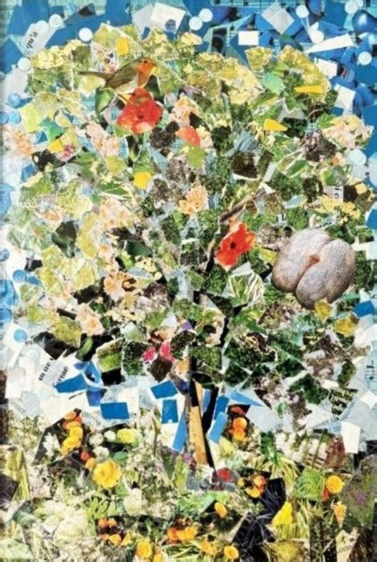 The "coco-fesses" and the bird collage and acrylic painting