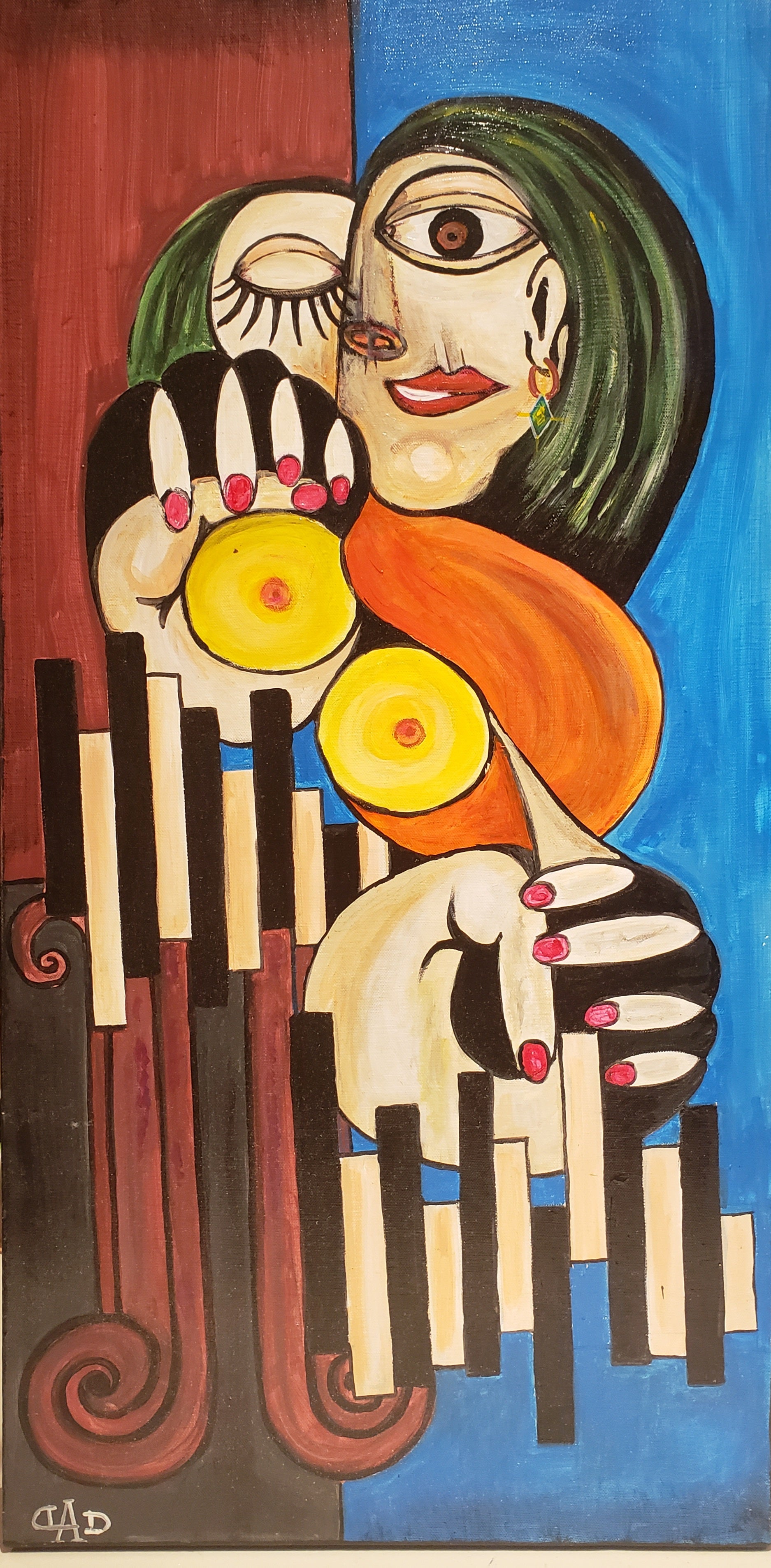 Woman on Piano, partial insired from Picasso, Acrylic on Canvas, 18x36 inch