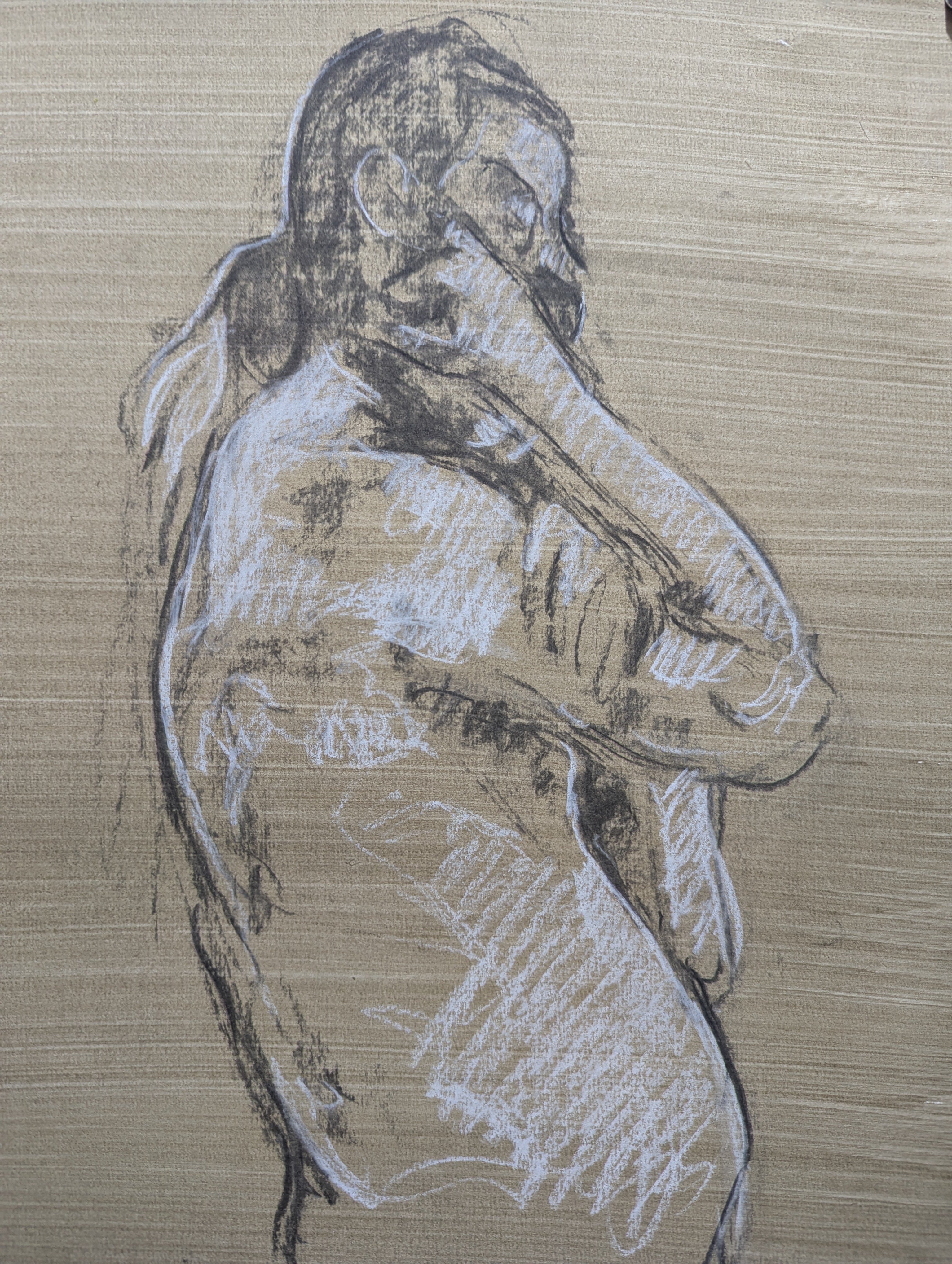 Standing man with beard and ponytail, March 2022, A3, Charcoal on paper