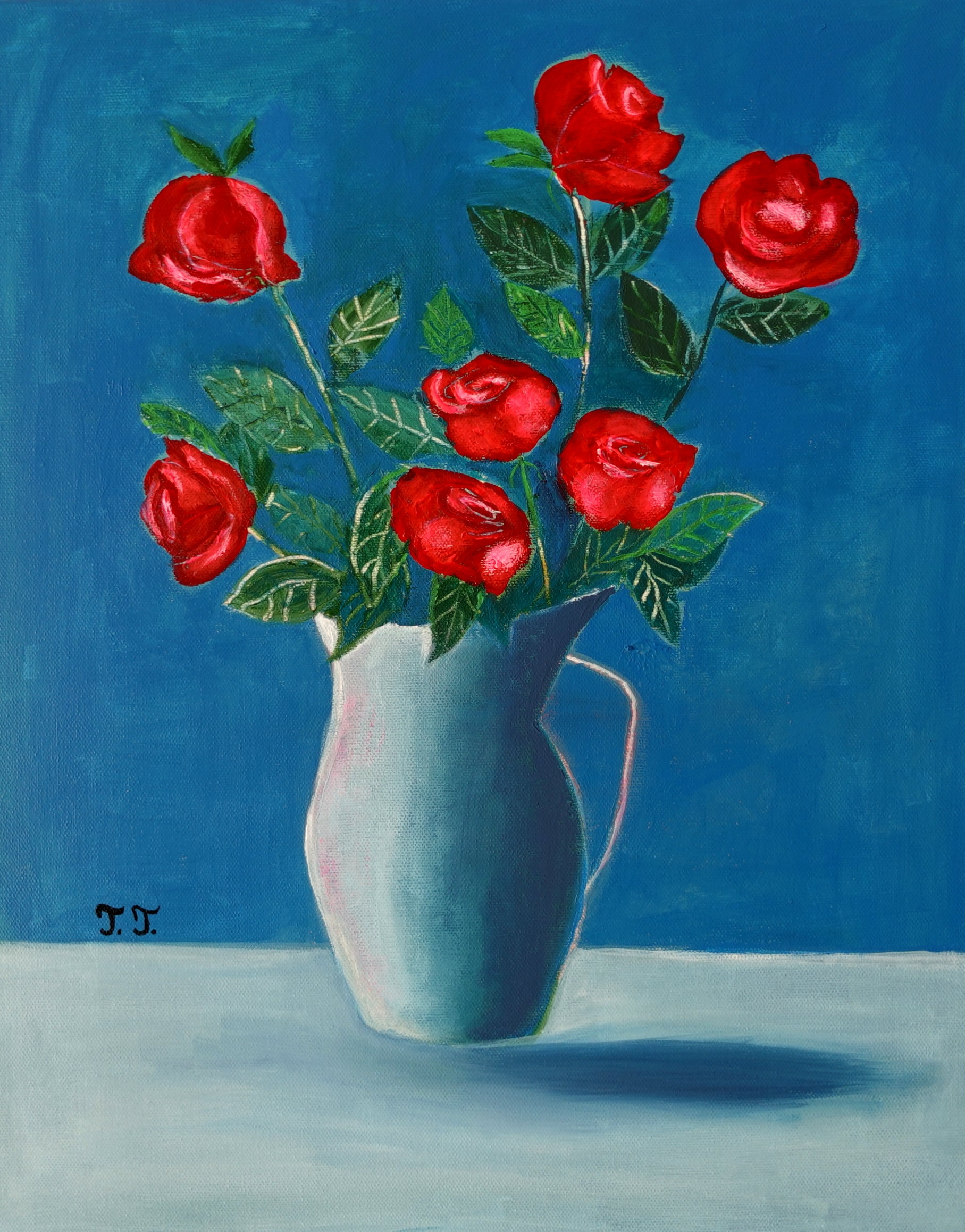 Red Roses in a Blue Vase