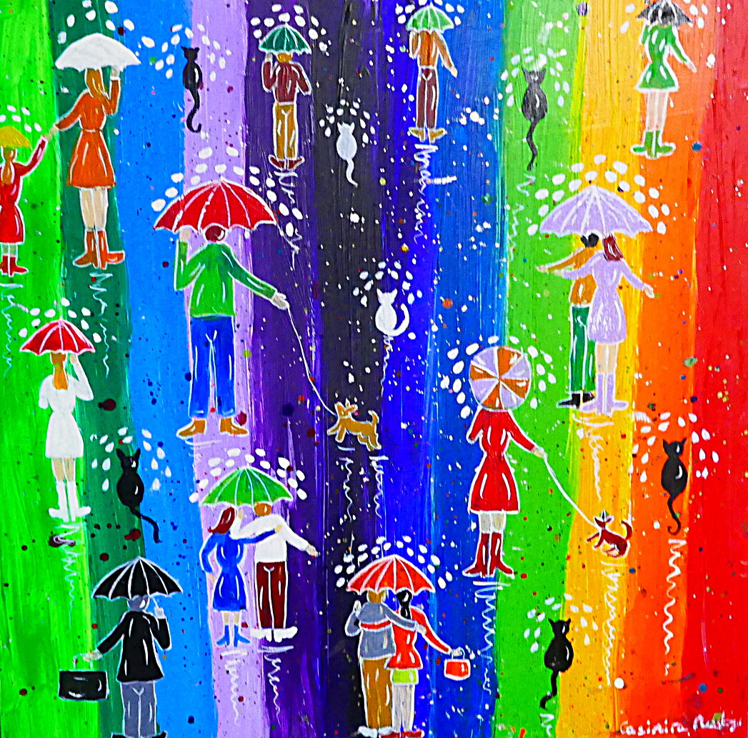 Raindrops on Colourful Umbrellas