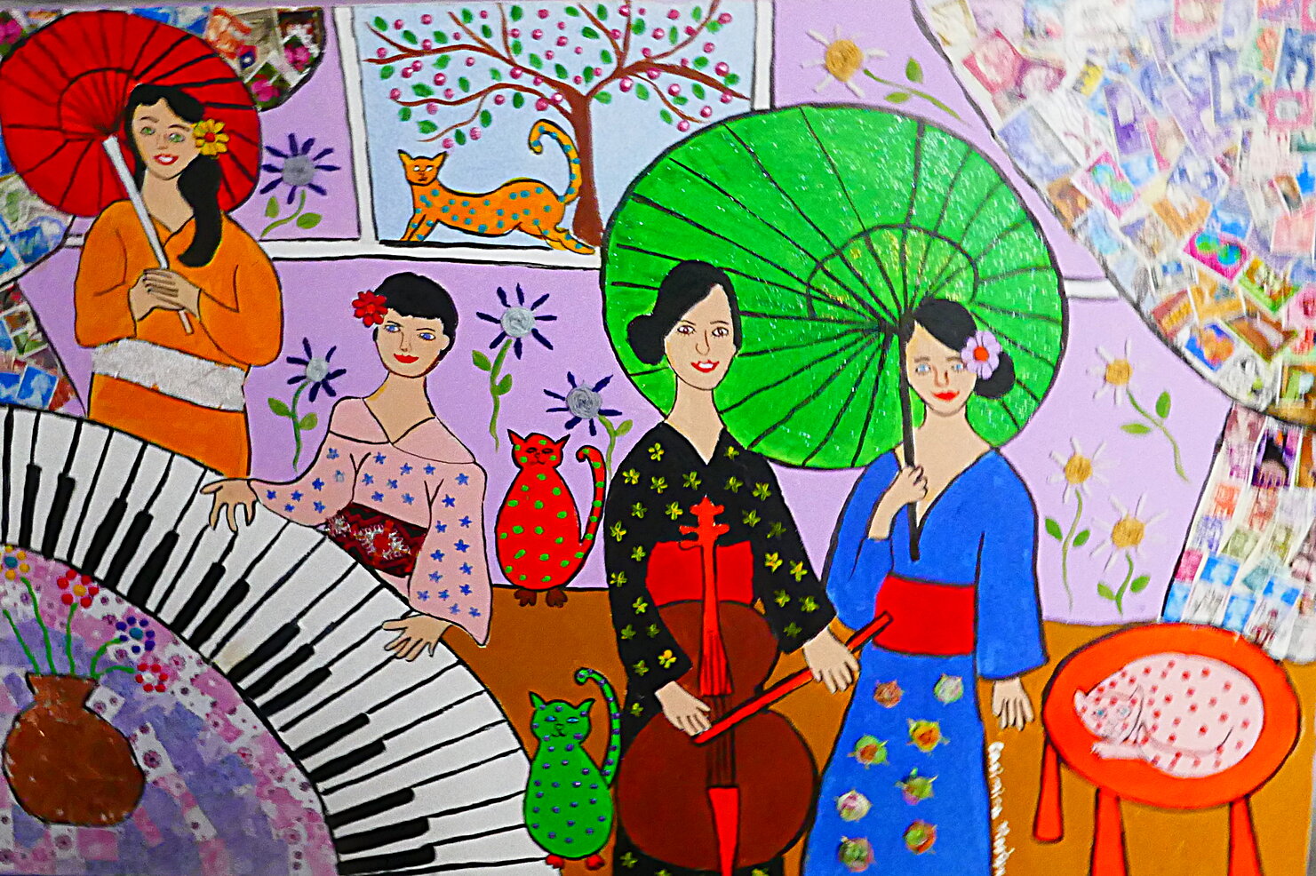 Japanese Geisha, cats, a Cello and a Piano