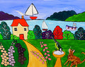 Colourful Naive Seascape with Blue Tit and cat