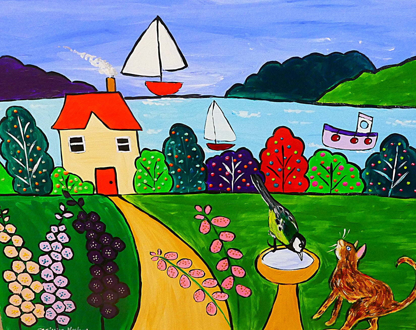 Colourful Naive Seascape with Blue Tit and cat