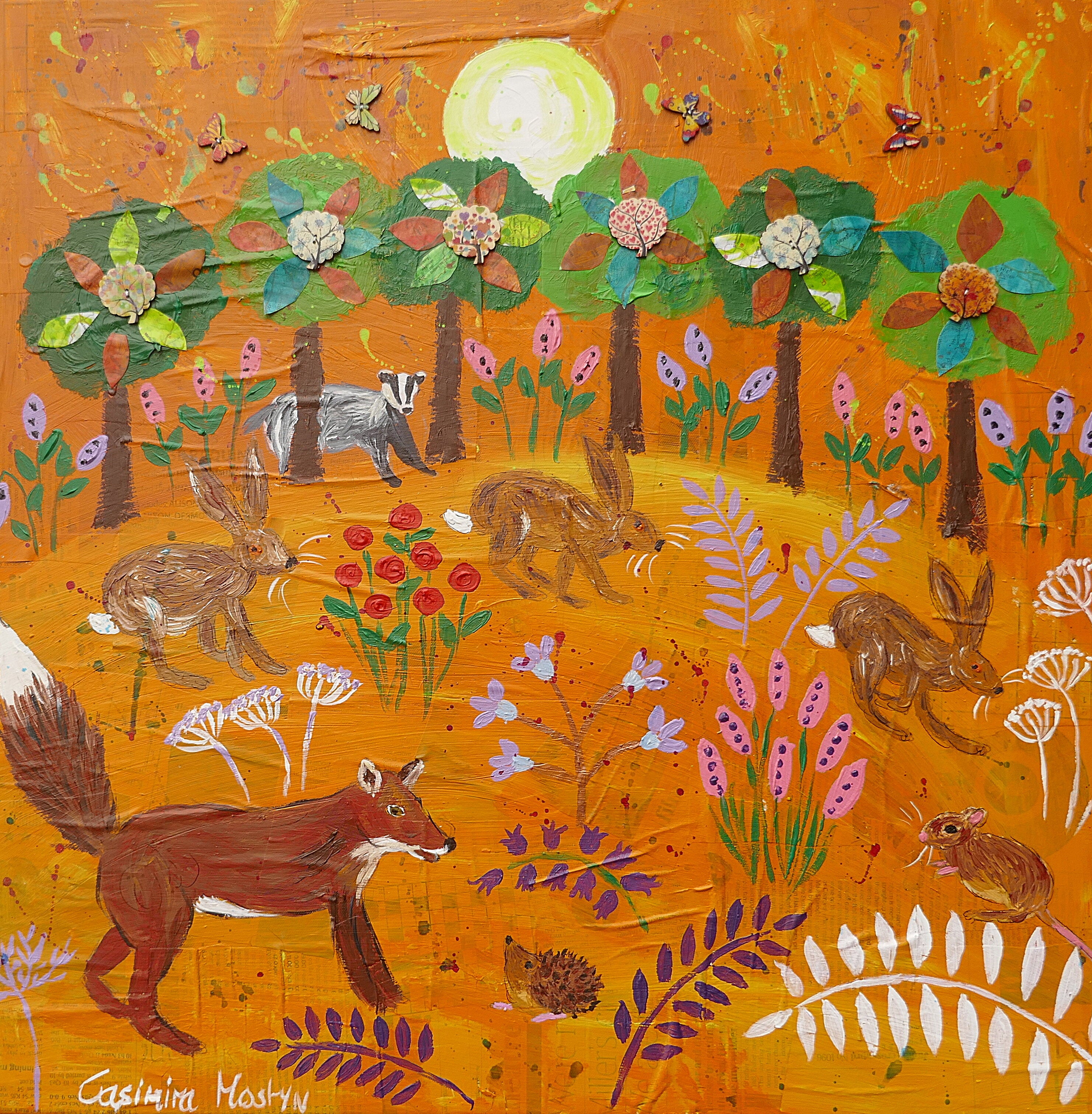 Fox and Hares among flowers at Sunset