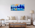 London city, sunrise, variations of blue colours: ultramarine, navy blue, turquoise, sky blue, cobalt.