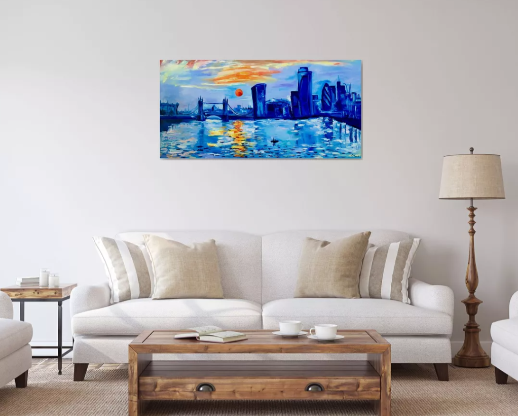 London city, sunrise, variations of blue colours: ultramarine, navy blue, turquoise, sky blue, cobalt.