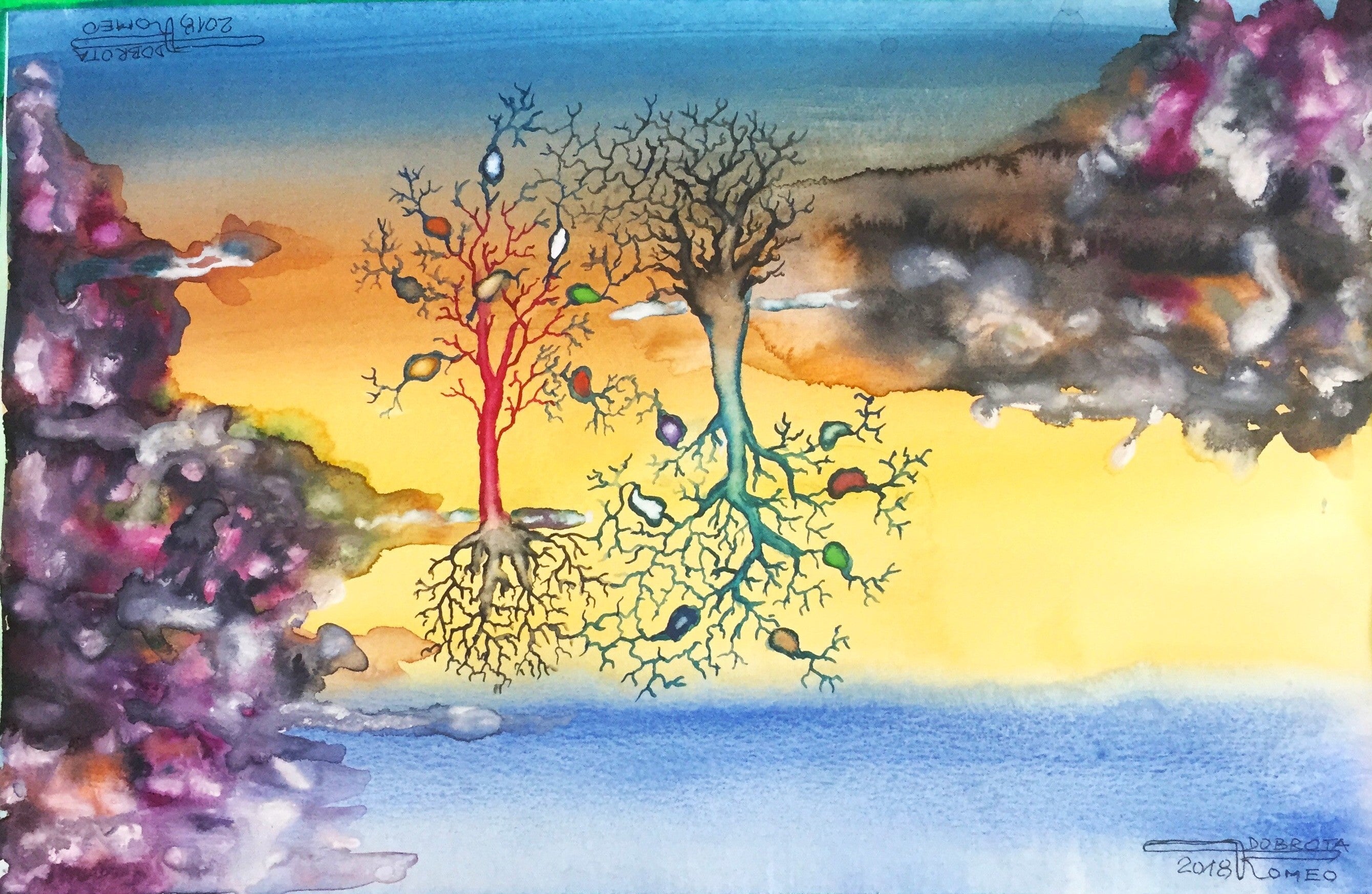 Separation light by day and night, 12x18 inch, watercolors on cold press paper SKU 4061,