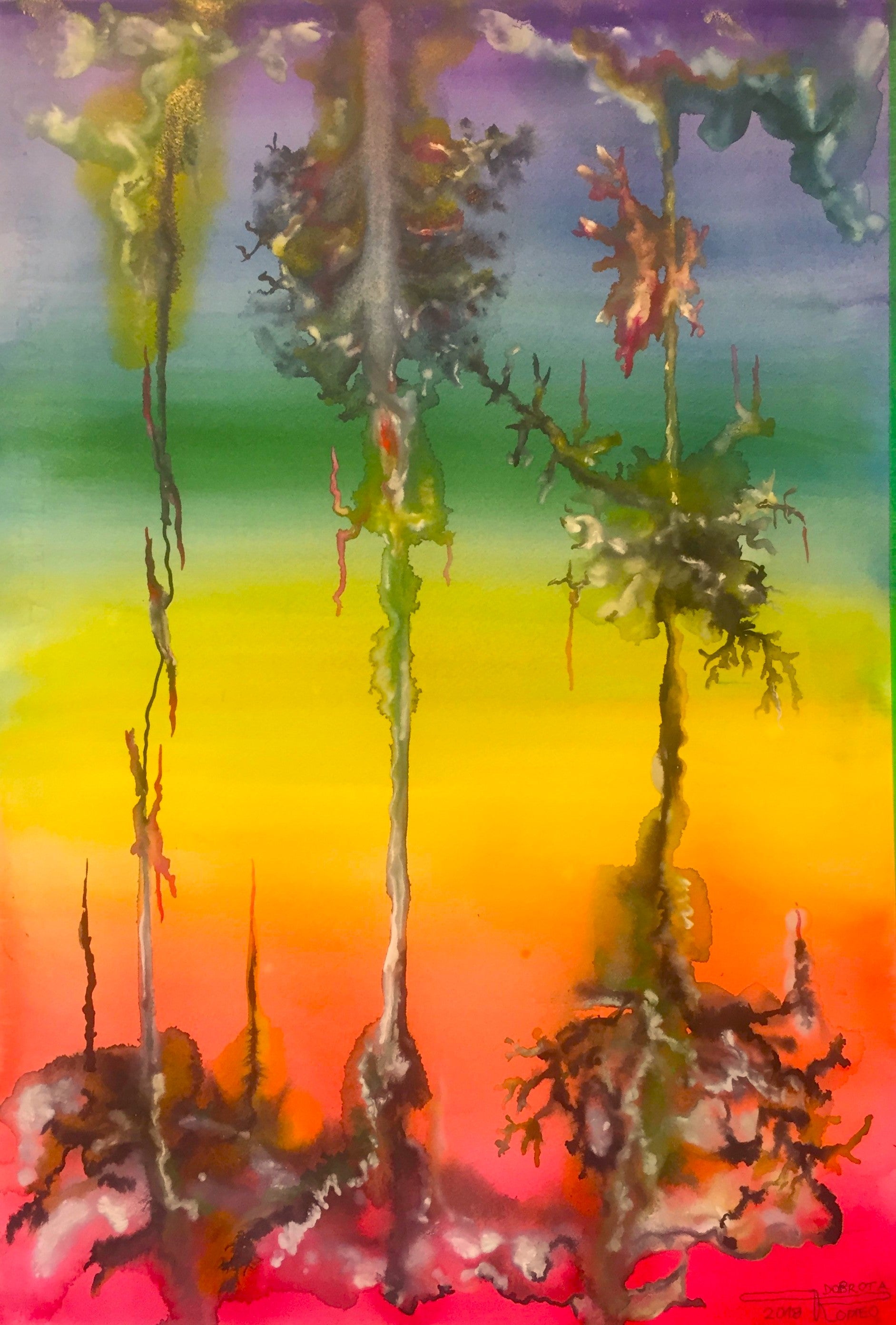 Flowers, Triplet in Ether, 15x22 inch, watercolors on cold press paper SKU 4082