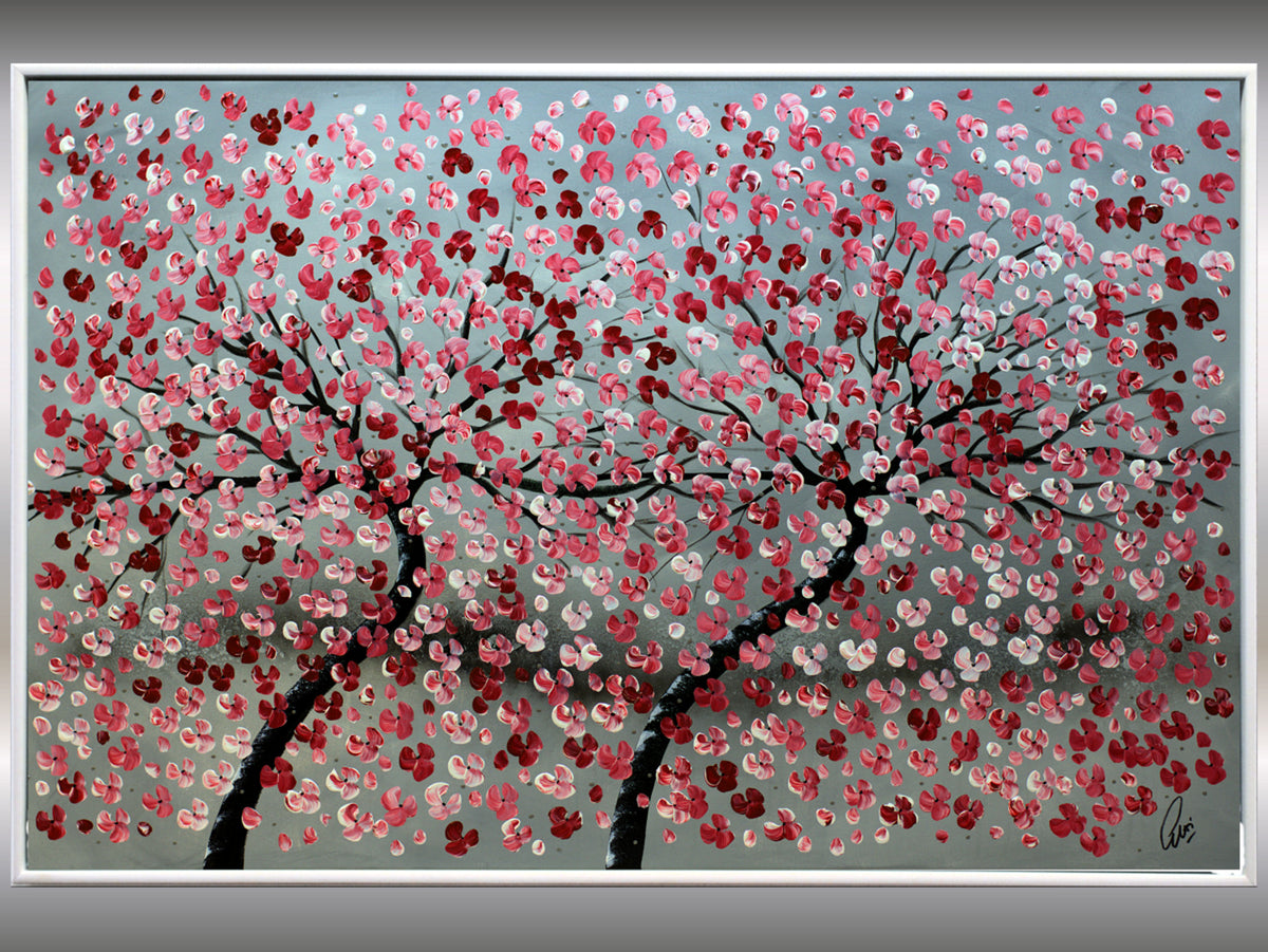 Twins - acrylic abstract painting cherry blossoms nature painting framed canvas wall art