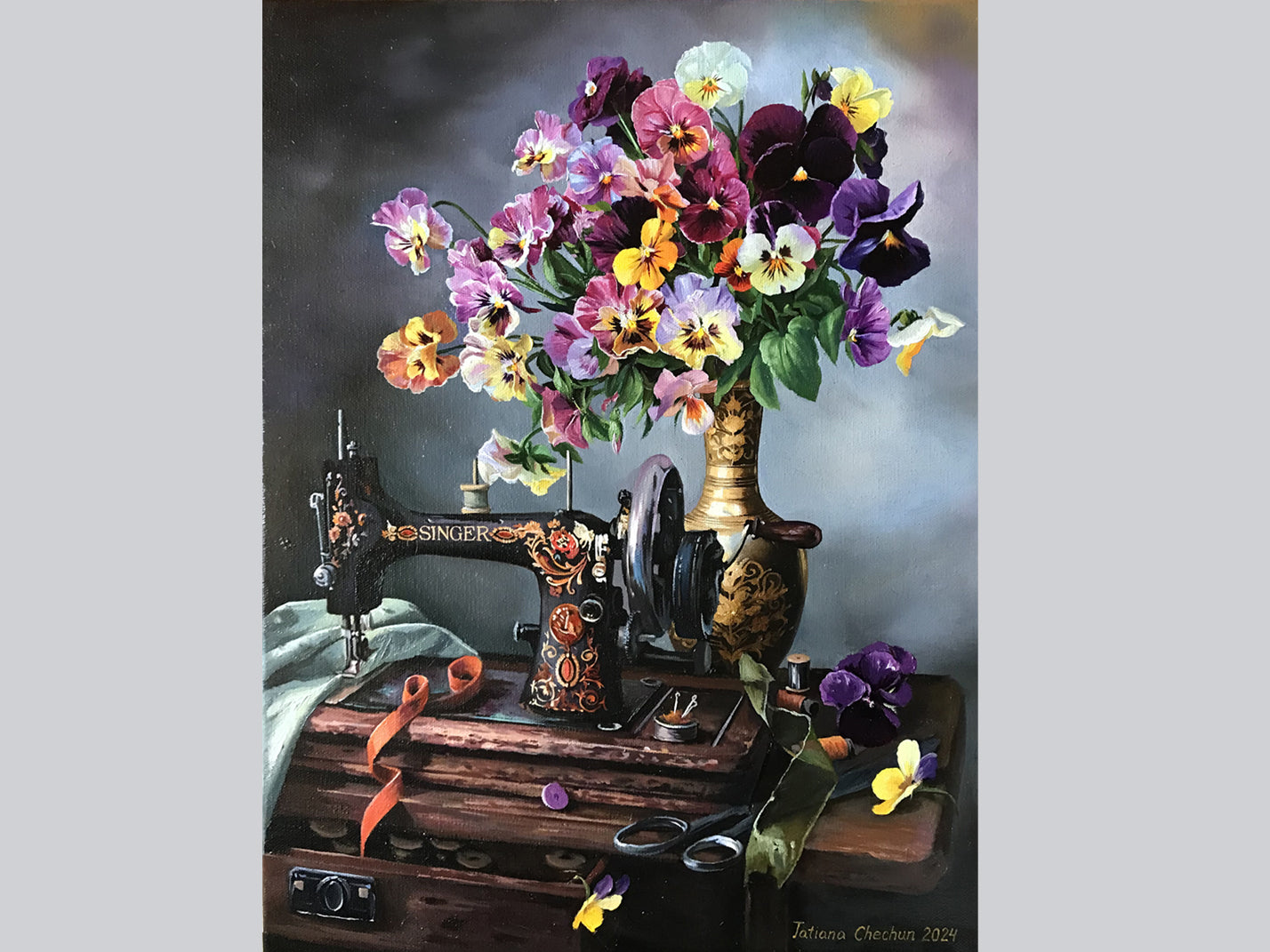Pansies and a sewing machine «Singer»