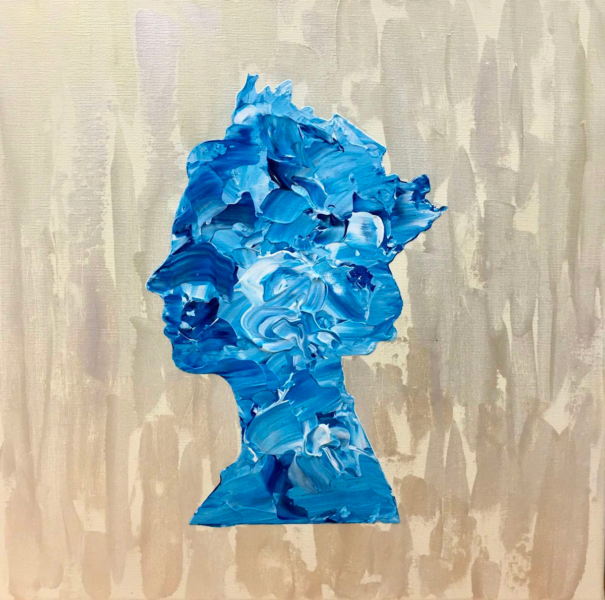 QUEEN #100 ON PEARL AND IVORY BACKGROUND, STARDUST, BLUE, INSPIRED BY QUEEN ELIZABETH II