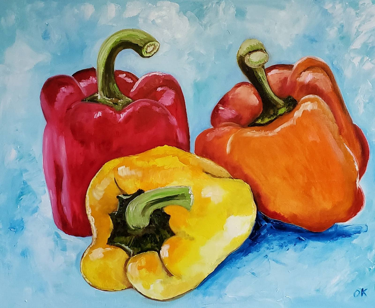 STILL LIFE WITH THREE PEPPERS 71 X 56 CM. ON TURQUOISE BACKGROUND.