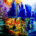 Abstract London City, variations of blue colors: ultramarine, navy blue, turquoise, sky blue, cobalt, palette knife original artwork.