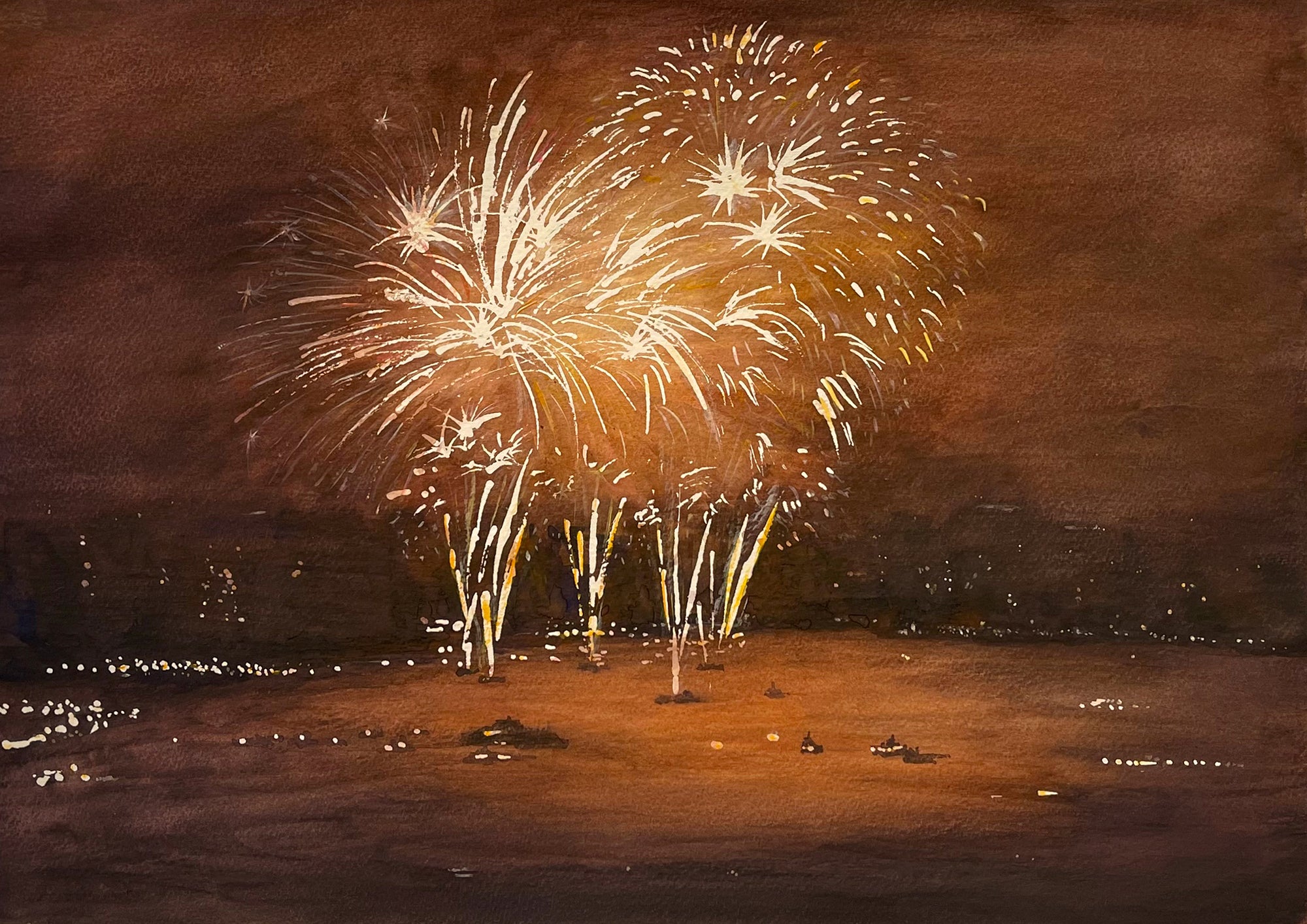 A Light of Fireworks Over Hong Kong  (Watercolour - Original)