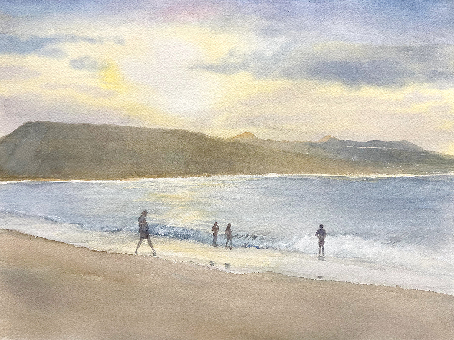 A Family by the Sunset Beach  (Watercolour - Original)