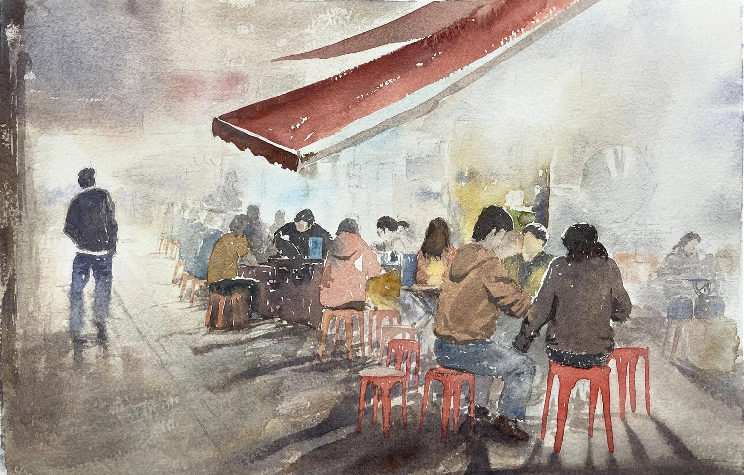 Hong Kong Night Market Warmth  (Watercolour - Original)