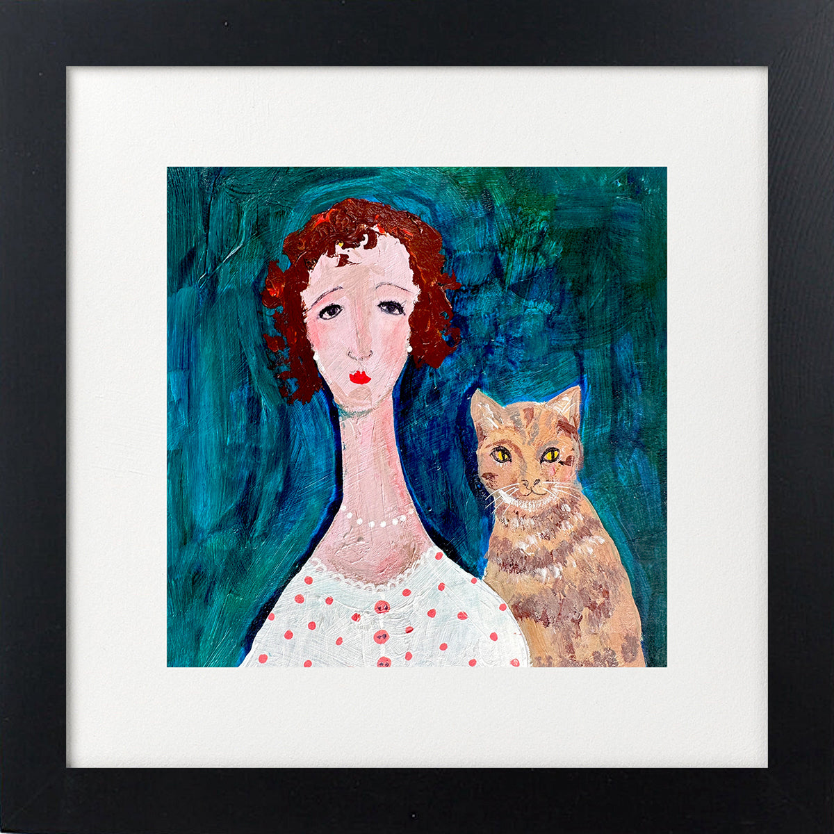 Woman Polka Dot Cardigan, Cat Framed
